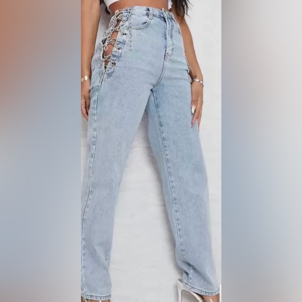 SHEIN Light Blue High Rise Lace-Up Jeans